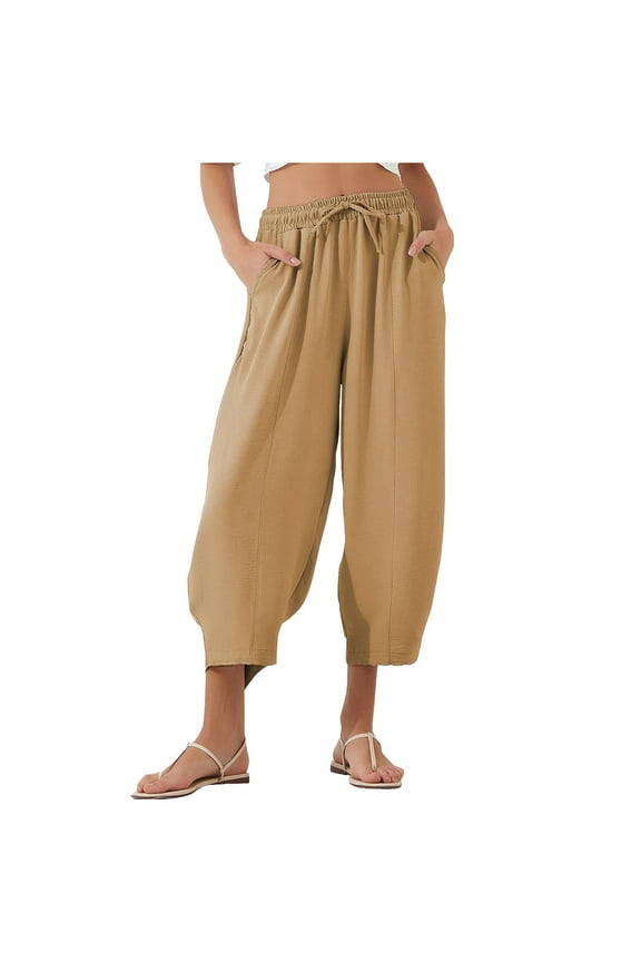Capri Pants for Women Drawstring Elastic Waisted Harem Pants Baggy Summer Casual Croppd Pants Beach Vacation Trousers(Gold,X-Large)