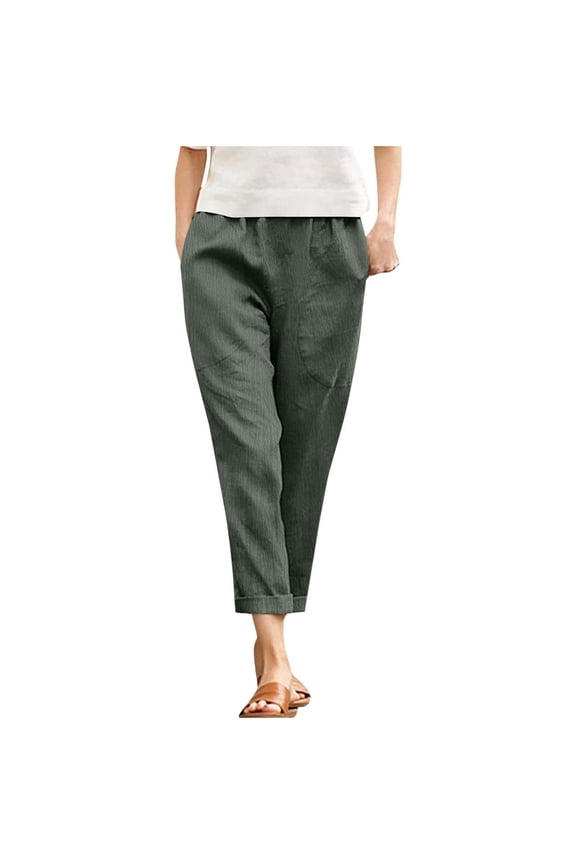 Capri Pants for Women Elastic Waisted Casual Linen Pants Cuffed Hem Baggy Summer Beach Vacation Cropped Trousers with Pockets