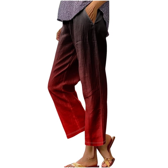 biudgviw Capri Pants for Women Gradient Cotton Linen Pants Lightweight Beach Vacation Cropped Trousers with Pockets Casual Bottoms
