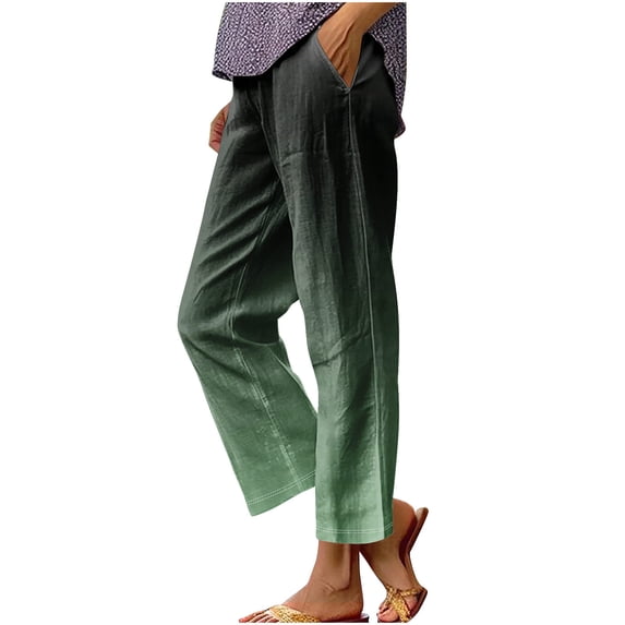 biudgviw Capri Pants for Women Gradient Cotton Linen Pants Lightweight Beach Vacation Cropped Trousers with Pockets Casual Bottoms