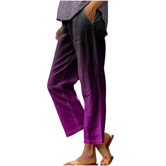 biudgviw Capri Pants for Women Gradient Cotton Linen Pants Lightweight Beach Vacation Cropped Trousers with Pockets Casual Bottoms