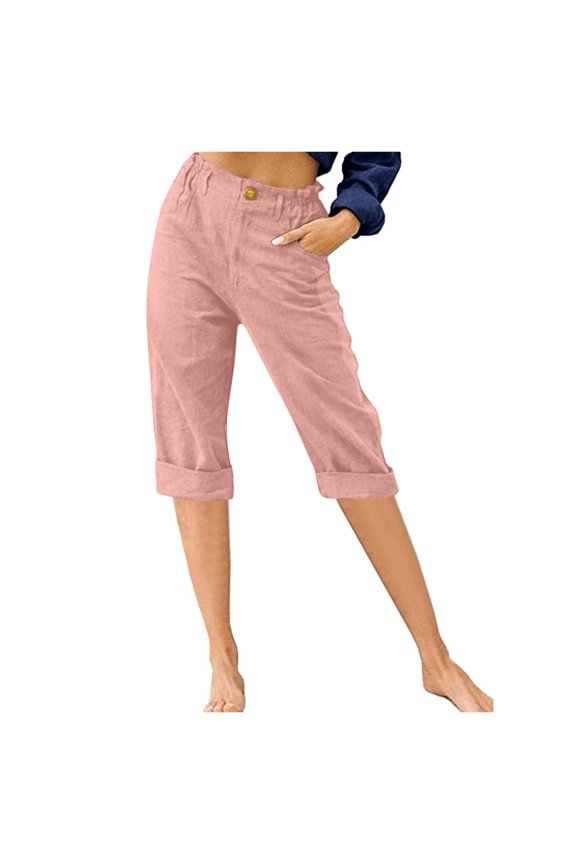 Capri Pants for Women High Waisted Cropped Pants Cuffed Hem Solid Color Straight Leg Summer Linen Pants with Pockets