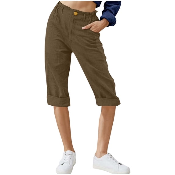 biudgviw Capri Pants for Women High Waisted Cropped Pants Cuffed Hem Solid Color Straight Leg Summer Linen Pants with Pockets