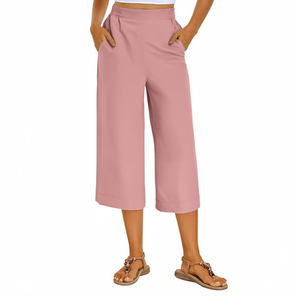 biudgviw Capri Pants for Women Pull on High Waisted Wide Leg Pants with Pockets Summer Casual Cropped Trousers Palazzo Capris