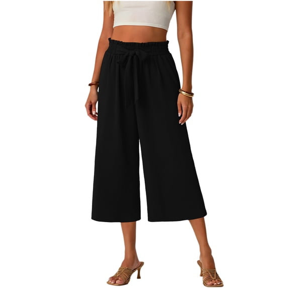 biudgviw Capri Pants for Women Ruffle High Waisted Lounge Pants Drawstring Casual Wide Leg Pants Summer Beach Vacation Clothes with Pockets