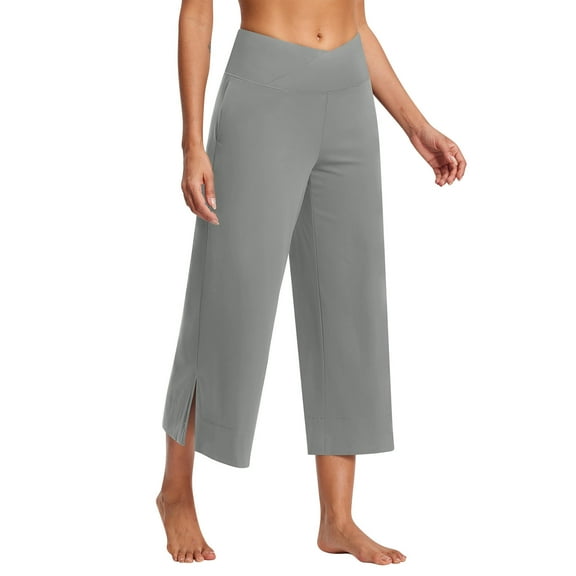 biudgviw Capri Pants for Women Wide Leg Yoga Capris Crossover High Waisted Baggy Lounge Cropped Pants Side Slit Sweatpants with Pockets