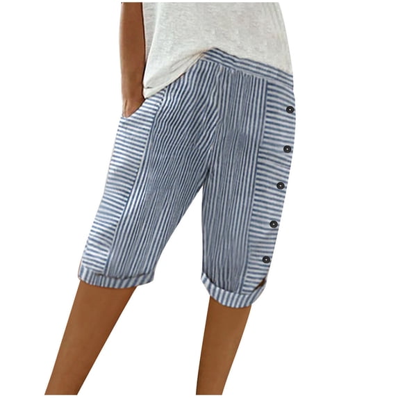 biudgviw Capris Pants for Women Button Cuffed Hem Lounge Knee Length Shorts Striped Loose Fit Streetwear Summer Shorts with Pockets