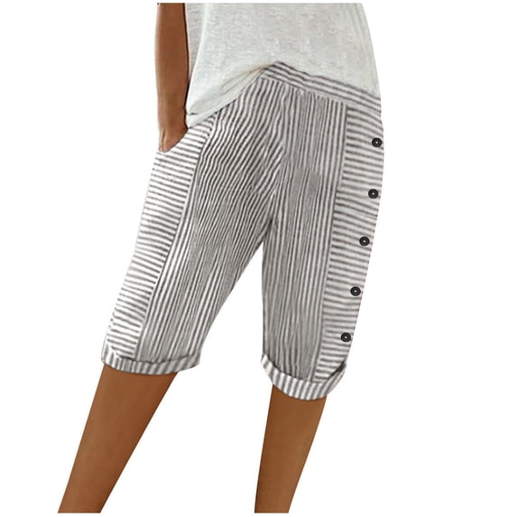 biudgviw Capris Pants for Women Button Cuffed Hem Lounge Knee Length Shorts Striped Loose Fit Streetwear Summer Shorts with Pockets