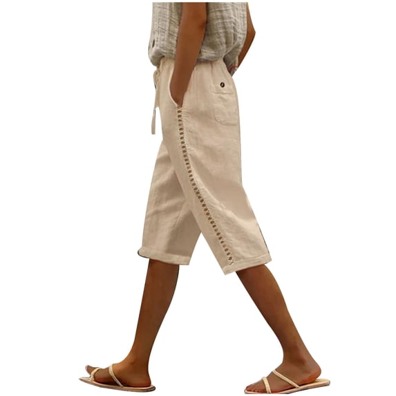 biudgviw Capris for Women with Pockets Cotton Linen Drawstring High Waisted Capri Pants Sides Hollow out Plus Size Knee-Length