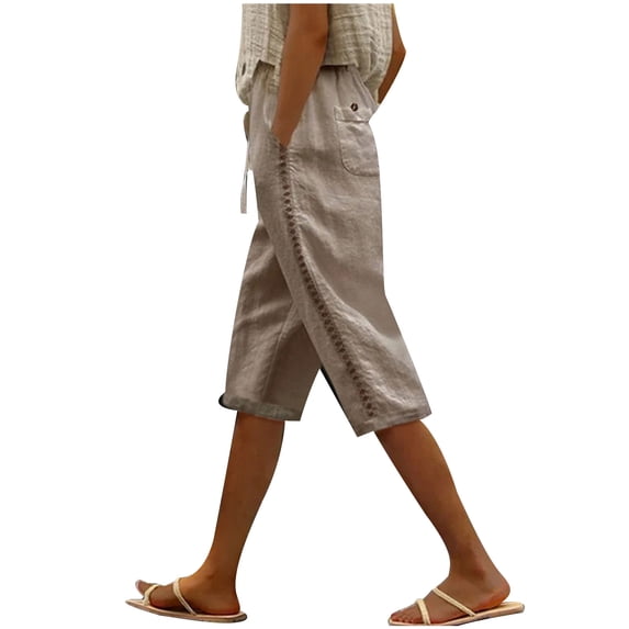 biudgviw Capris for Women with Pockets Cotton Linen Drawstring High Waisted Capri Pants Sides Hollow out Plus Size Knee-Length
