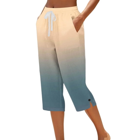 biudgviw Capris for Women with Pockets Fashion Gradient Straight Leg Pants Button Side Split Casual Drawstring Capri Pants