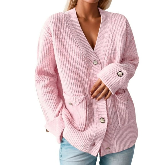 biudgviw Cardigan Sweaters for Women Trendy Fall Winter V Neck Outwear Casual Long Sleeve Button down Oversized Knit Jacket with Pockets