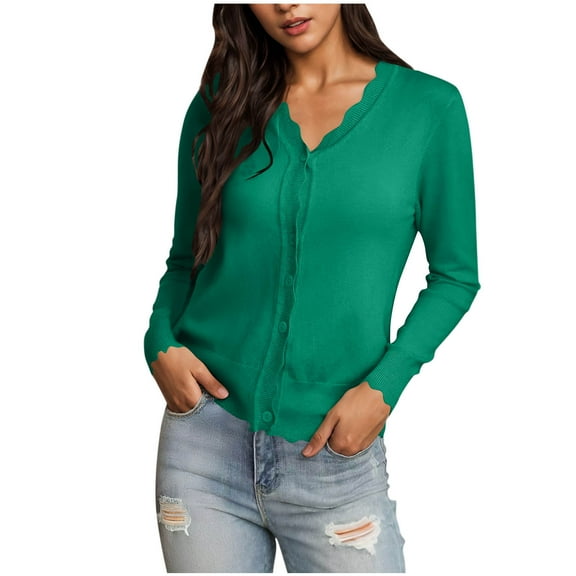 biudgviw Cardigan for Women Button down Scalloped V Neck Casual Outerwear Long Sleeve Shrug Cropped Sweater Fall Coat