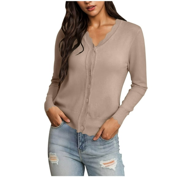 biudgviw Cardigan for Women Button down Scalloped V Neck Casual Outerwear Long Sleeve Shrug Cropped Sweater Fall Coat