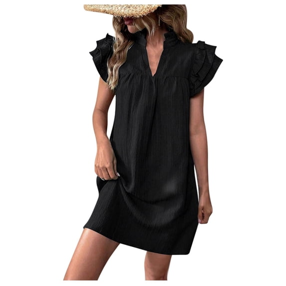biudgviw Casual Dresses for Women Ruffle Cap Short Sleeve Midi Dress Textured V Neck Beach Vacation Short Sundress Trendy Clothes