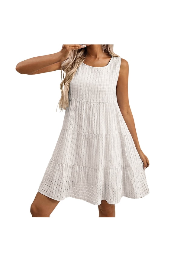 Casual Dresses for Women Sleeveless Plaid Mini Dress Loose Elegant Crewneck Smock Flowy Tank Dress Going Out Outfits