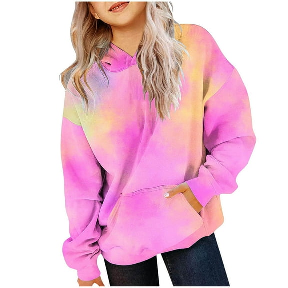 biudgviw Casual Hoodies for Girls Long Sleeve Children's Pullover Tops Fashion Tie-Dye Fall Lounge Oversized Sweatshirt with Pockets