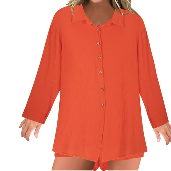 biudgviw Casual Outfits for Women Baggy V Neck Buttons down Blouses 2 Piece Lounge Sets Fall Loose Wide Leg Shorts