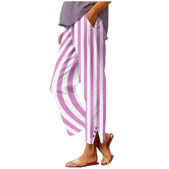 biudgviw Casual Pants for Women Elastic Waist Striped Pants Summer Button Side Split Lounge Trousers Vacation Outfit with Pockets