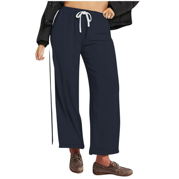 biudgviw Casual Pants for Women Side Striped Straight Leg Drawstring High Waisted Baggy Lounge Pants with Pockets