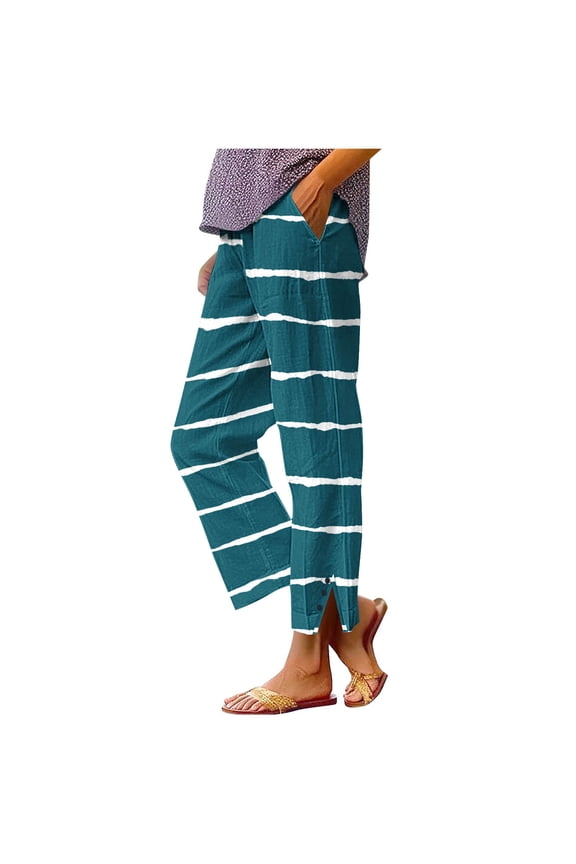 Casual Pants for Women Striped Lounge Trousers Button Side Split Straight Leg Pants for Travel Vacation with Pockets