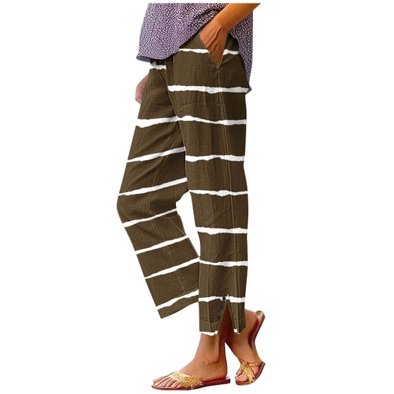 biudgviw Casual Pants for Women Striped Lounge Trousers Button Side Split Straight Leg Pants for Travel Vacation with Pockets