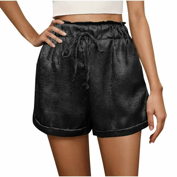 biudgviw Casual Shorts for Women Trendy Drawstring Elastic Waist Sparkle Shorts Rolled Hem Loose Party Club Shiny Shorts with Pocket