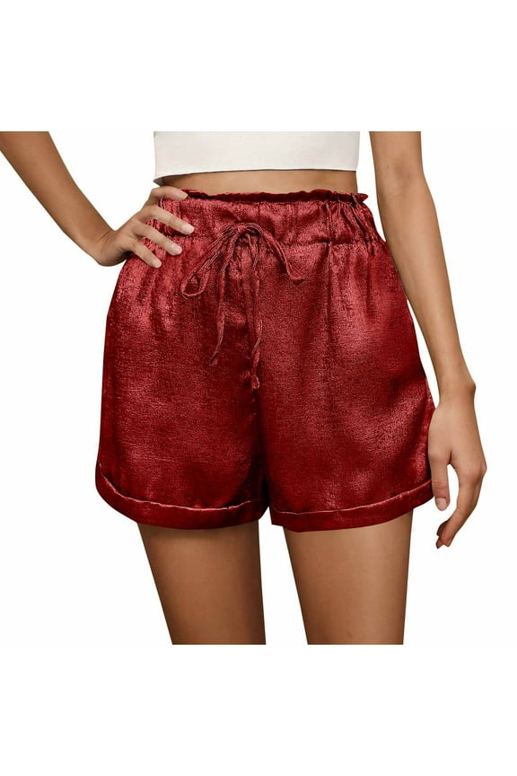 Casual Shorts for Women Trendy Drawstring Elastic Waist Sparkle Shorts Rolled Hem Loose Party Club Shiny Shorts with Pocket