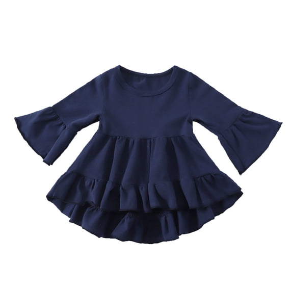biudgviw Children's Girls Fashion Tops Trendy Crewneck Bell Long Sleeve Fall T-Shirts Loose Tiered Ruffle Hem Solid Color Shirts