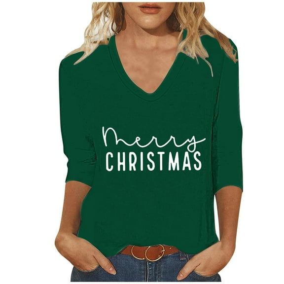 biudgviw Christmas Shirts for Women Lightweight Print V Neck Tunic Tops Comfy Soft 3/4 Sleeve Tee Shirts Gift for Women