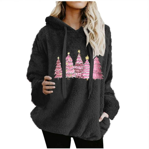 biudgviw Christmas Womens Hoodies for Winter Fleece Sherpa Drawstring Hooded Sweatshirt Casual Comfy Print Long Sleeve Tops