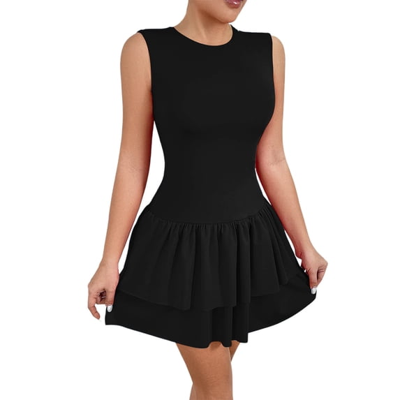 biudgviw Cocktail Dresses for Women A Line Sleeveless Crewneck Mini Dress Ruffle Hem Casual Tiered Dress Party Club Outfits