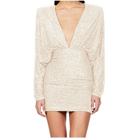 biudgviw Cocktail Dresses for Women Fashion Backless Long Sleeve V Neck Bodycon Dress Sequins Sparkly Party Mini Dress
