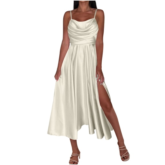 biudgviw Cocktail Dresses for Women Sleeveless Spaghetti Straps Midi Satin Dress Elegant Casual Cowl Neck Tank Dresses for Party Club