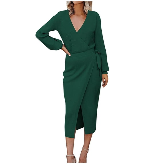 biudgviw Cocktail Dresses for Women Trendy Deep V Neck Long Sleeve Midi Dress Belted Fall Ribbed Slim Front Slit Party Wrap Dress