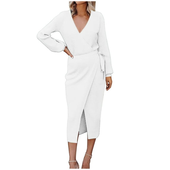biudgviw Cocktail Dresses for Women Trendy Deep V Neck Long Sleeve Midi Dress Belted Fall Ribbed Slim Front Slit Party Wrap Dress