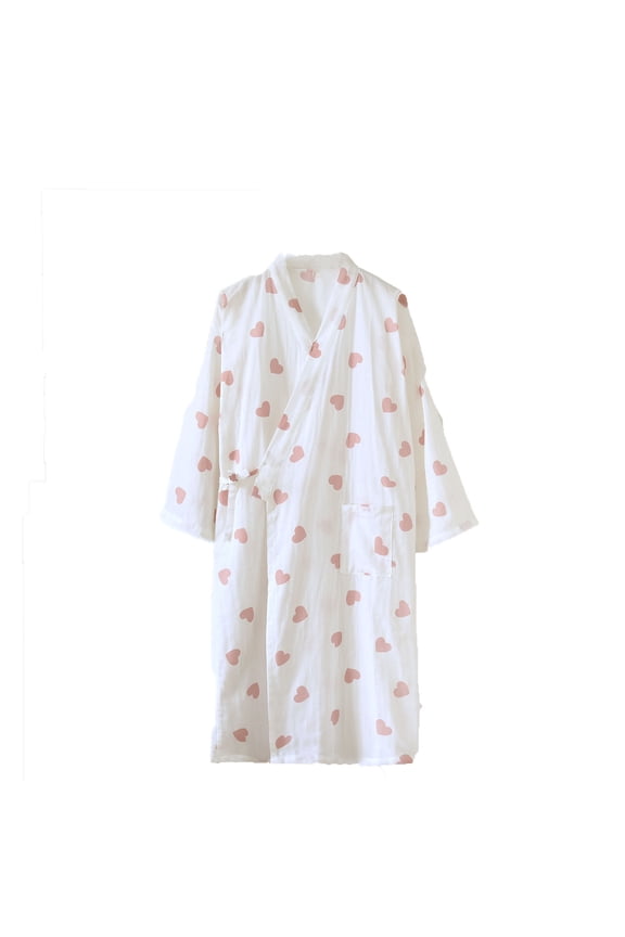 Cotton Bathrobes for Women Heart Print Long Sleeve Nightgowns Drawstring Casual Loose V Neck Cute Robes with Pocket