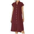thumbnail image 1 of biudgviw Cotton Linen Dresses for Women Casual Collared Short Sleeve Buttons down Shirts Dress Fall Lounge Plain Midi Dress, 1 of 7
