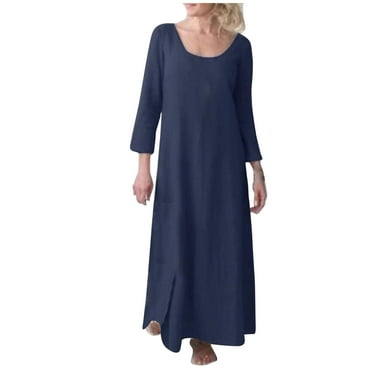biudgviw Cotton Linen Dresses for Women Flowy Long Sleeve Scoop Neck Solid Color Dress Lounge Beach Plus Size Maxi Dress