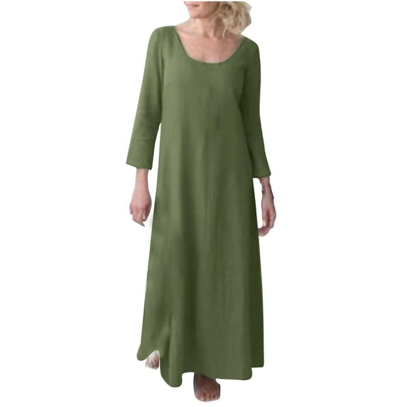 biudgviw Cotton Linen Dresses for Women Flowy Long Sleeve Scoop Neck Solid Color Dress Lounge Beach Plus Size Maxi Dress