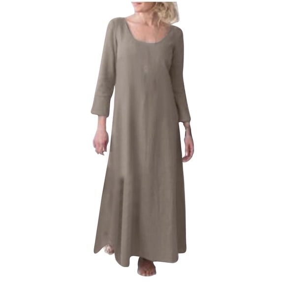 biudgviw Cotton Linen Dresses for Women Flowy Long Sleeve Scoop Neck Solid Color Dress Lounge Beach Plus Size Maxi Dress