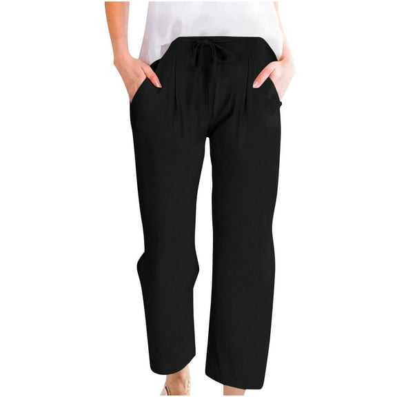 biudgviw Cotton Linen Pants for Women Drawstring Capri Pants Lightweight Beach Vacation Cropped Pants Summer Casual Trousers (Black,XX-Large)