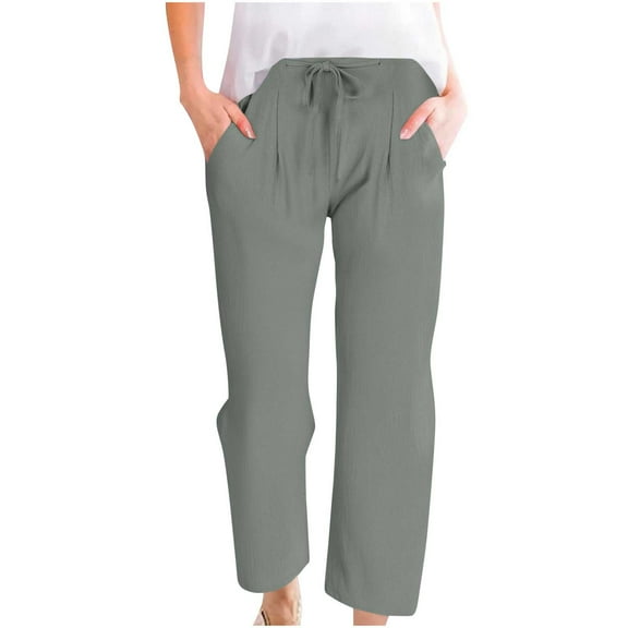 biudgviw Cotton Linen Pants for Women Drawstring Capri Pants Lightweight Beach Vacation Cropped Pants Summer Casual Trousers (Gray,Medium)