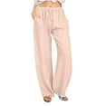 thumbnail image 1 of biudgviw Cotton Linen Pants for Women Fall Lounge Wide Straight Leg Trousers Elastic Waisted Beach Pants with Pockets, 1 of 5