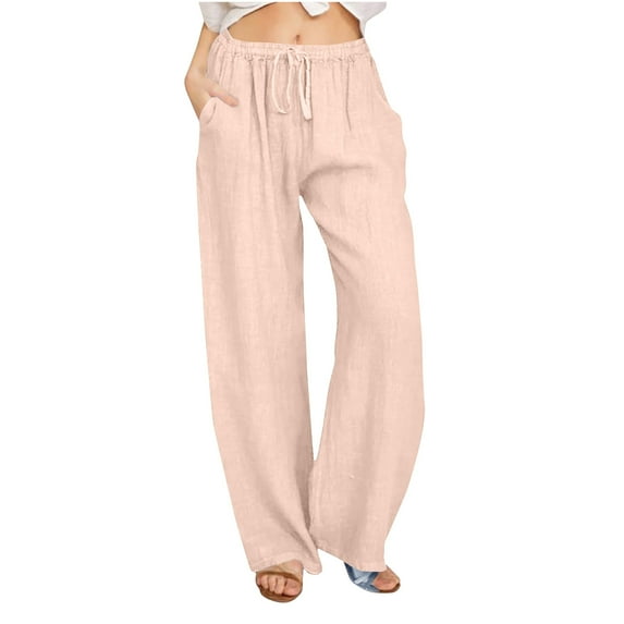 biudgviw Cotton Linen Pants for Women Fall Lounge Wide Straight Leg Trousers Elastic Waisted Beach Pants with Pockets