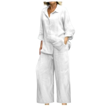 biudgviw Cotton Linen Sets for Women Plus Size Long Sleeve Collared Fall Baggy Tops Loose Straight Leg Pants Casual Outfits
