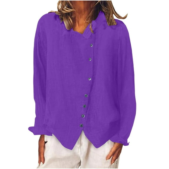 biudgviw Cotton Linen Shirts for Women Lounge Collared Long Sleeve Basic Solid Color Tees Casual Fall Buttons down Blouses