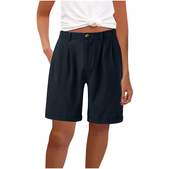 biudgviw Cotton Linen Shorts for Women Casual Button Elastic Waist Shorts Loose Wide Leg Summer Shorts for Beach Travel