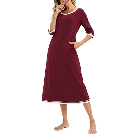 biudgviw Cotton Nightgowns for Women 3/4 Sleeve Loungewear Color Block Casual Crewneck Sleep Shirt with Pockets S-XXL