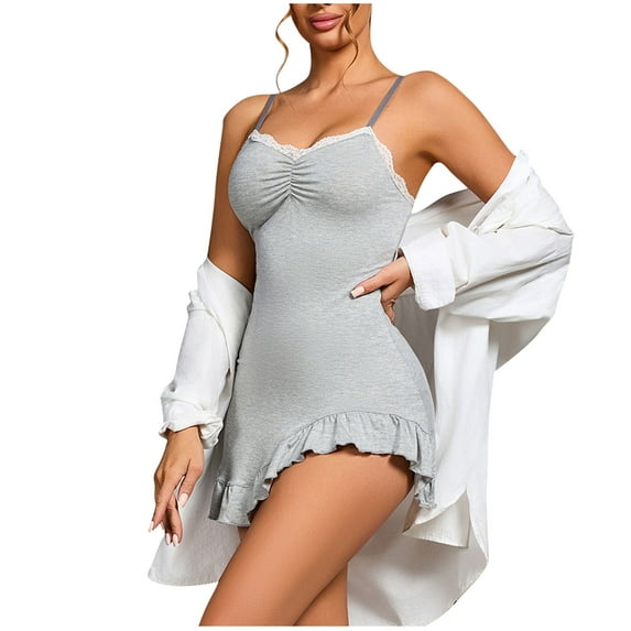 biudgviw Cotton Nightgowns for Women Sleeveless Short Nightshirts Lace Ruffled Backless Sleep Dress Soft Sleepwear with Adjustable Straps